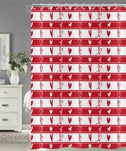 Red Love Heart Valentine'S Day Shower Curtain With Romantic Stripes Fabric, Waterproof Machine Washable Bathroom Decor