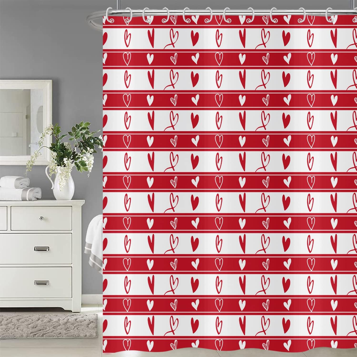 Red Love Heart Valentine'S Day Shower Curtain With Romantic Stripes Fabric, Waterproof Machine Washable Bathroom Decor