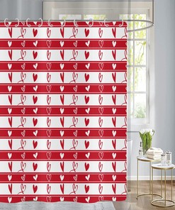 Red Love Heart Valentine'S Day Shower Curtain With Romantic Stripes Fabric, Waterproof Machine Washable Bathroom Decor