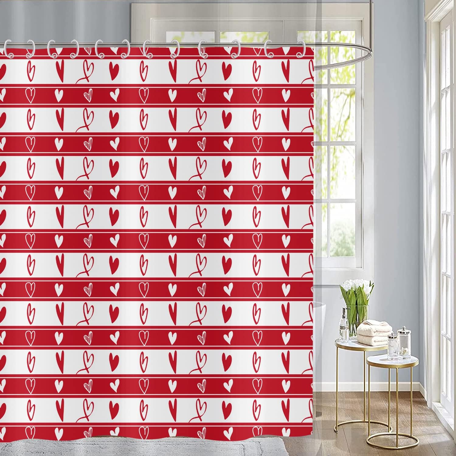 Red Love Heart Valentine'S Day Shower Curtain With Romantic Stripes Fabric, Waterproof Machine Washable Bathroom Decor