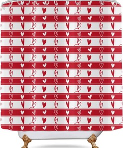 Red Love Heart Valentine'S Day Shower Curtain With Romantic Stripes Fabric, Waterproof Machine Washable Bathroom Decor