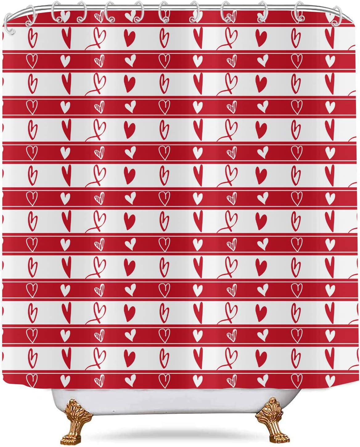 Red Love Heart Valentine'S Day Shower Curtain With Romantic Stripes Fabric, Waterproof Machine Washable Bathroom Decor