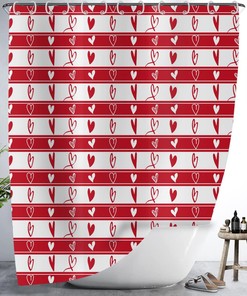 Red Love Heart Valentine'S Day Shower Curtain With Romantic Stripes Fabric, Waterproof Machine Washable Bathroom Decor