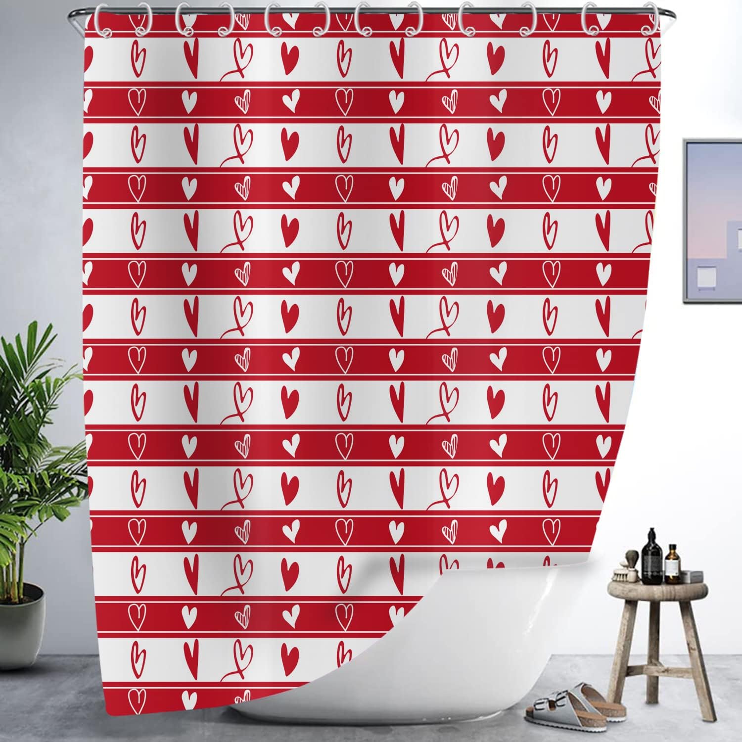 Red Love Heart Valentine'S Day Shower Curtain With Romantic Stripes Fabric, Waterproof Machine Washable Bathroom Decor
