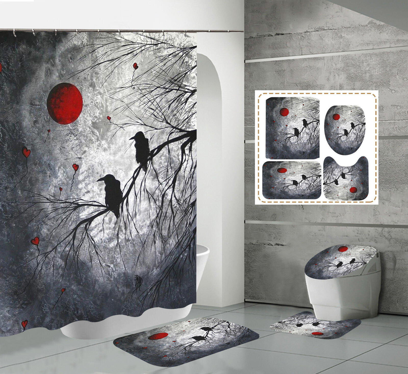 Red Moon Night Waterproof Shower Curtain for a Bold Bathroom