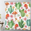 Red Mushroom And Succulent With Pink Floral Shower Curtain, Western Cactus Green Plant Bathroom Decor, White Fabric 