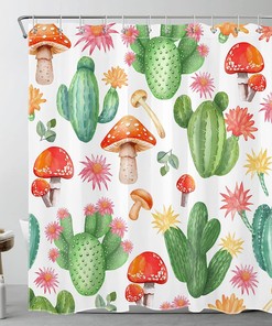 Red Mushroom And Succulent With Pink Floral Shower Curtain, Western Cactus Green Plant Bathroom Decor, White Fabric 