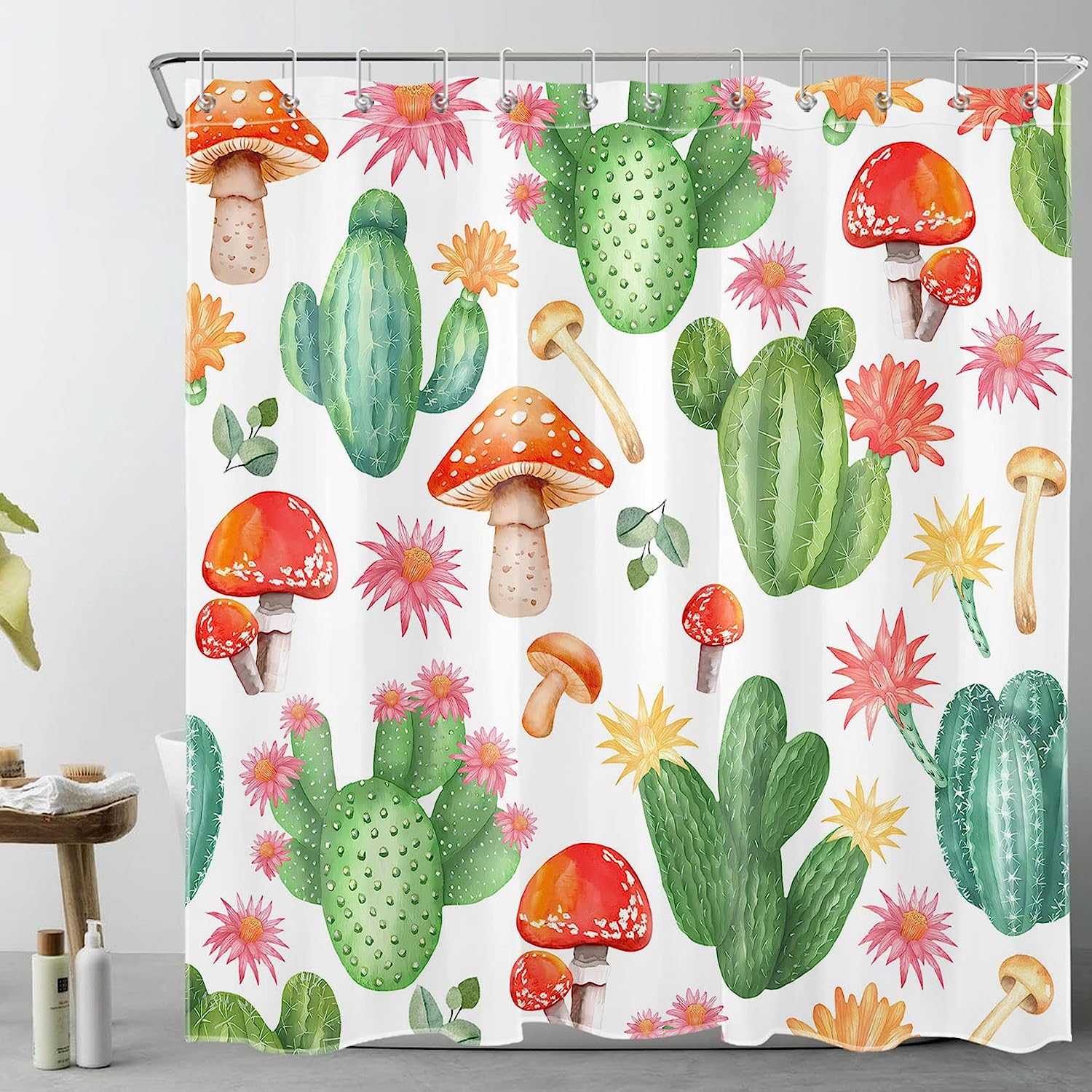 Red Mushroom And Succulent With Pink Floral Shower Curtain, Western Cactus Green Plant Bathroom Decor, White Fabric