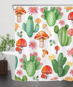 Red Mushroom And Succulent With Pink Floral Shower Curtain, Western Cactus Green Plant Bathroom Decor, White Fabric