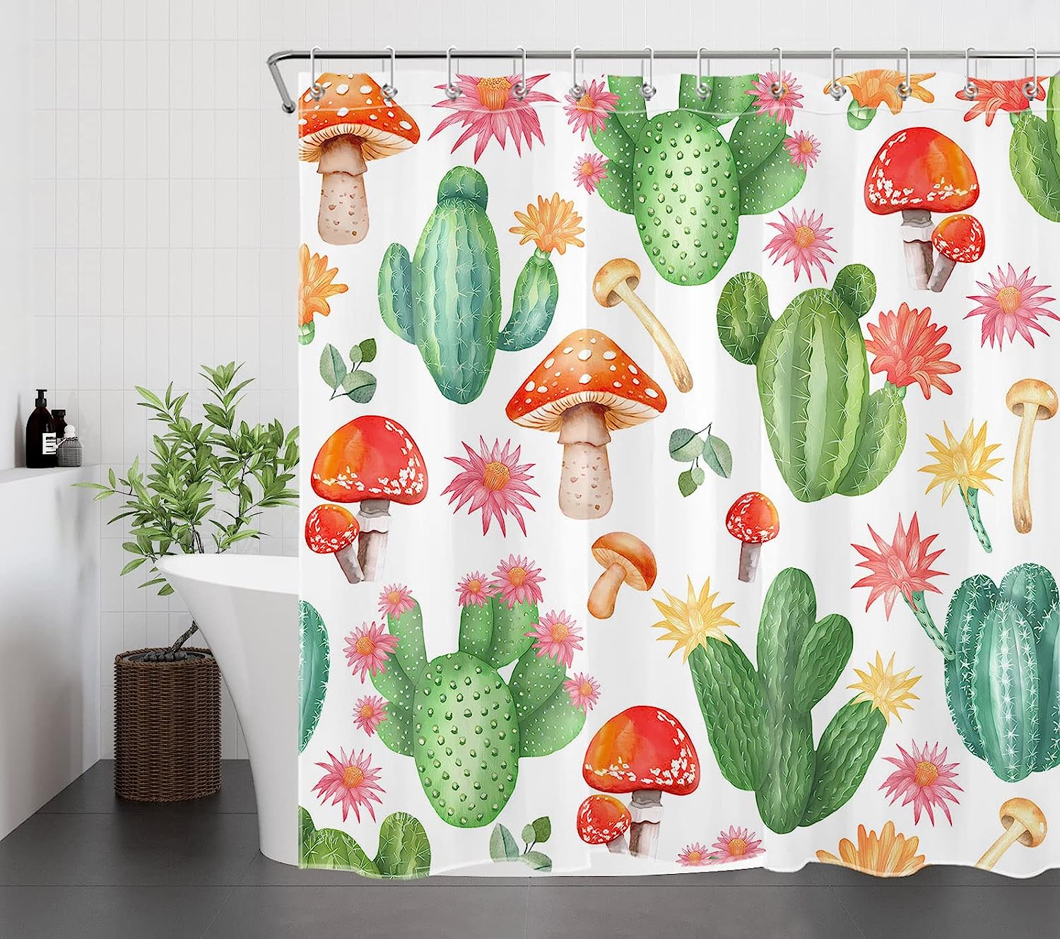 Red Mushroom And Succulent With Pink Floral Shower Curtain, Western Cactus Green Plant Bathroom Decor, White Fabric