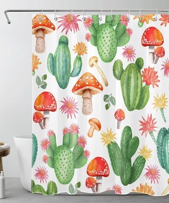 Red Mushroom Cactus Shower Curtain with Tropical Succulent Plants and Flowers