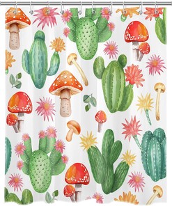 Red Mushroom Cactus Shower Curtain with Tropical Succulent Plants and Flowers