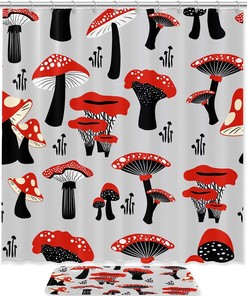Red Mushroom Shower Curtain - Durable Fabric Black Bathroom Curtain For Nature Lovers
