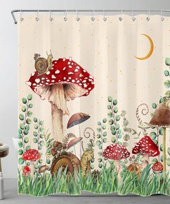 Red Mushroom and Eucalyptus Moon Shower Curtain: Botanical Bathroom Accessories with Cozy and Warm Theme