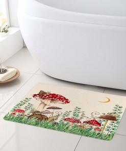 Red Mushroom and Eucalyptus Moon Shower Curtain: Botanical Bathroom Accessories with Cozy and Warm Theme