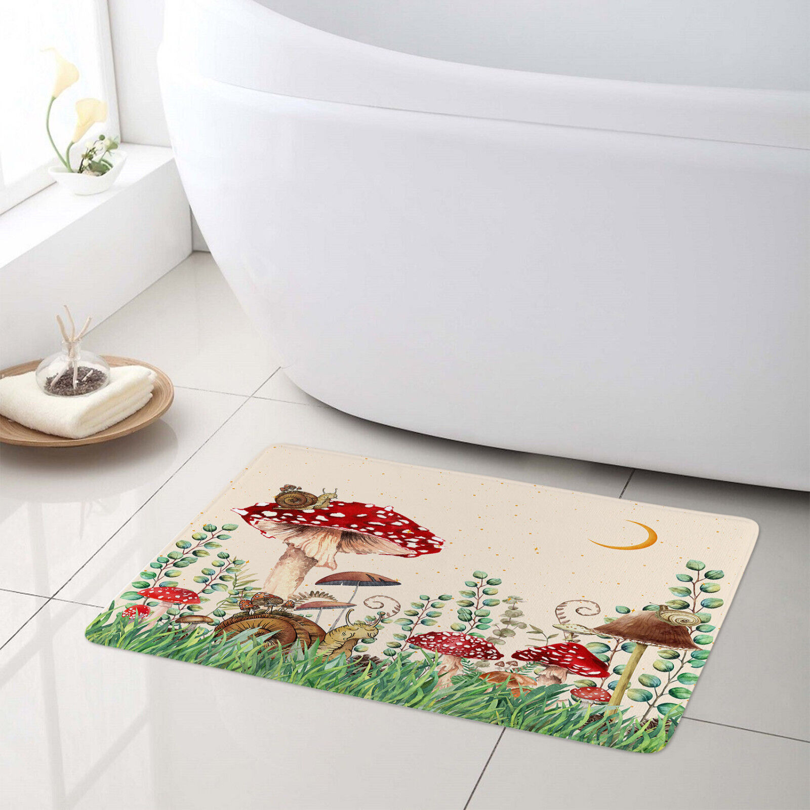Red Mushroom and Eucalyptus Moon Shower Curtain: Botanical Bathroom Accessories with Cozy and Warm Theme