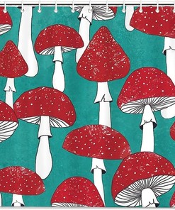 Red Mushrooms On Turquoise Blue Shower Curtain - Bold And Colorful Fabric Curtain For Your Bathroom