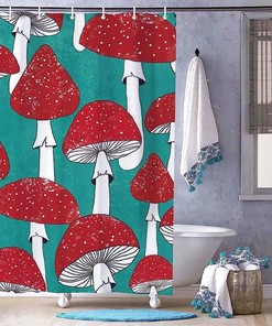 Red Mushrooms On Turquoise Blue Shower Curtain - Bold And Colorful Fabric Curtain For Your Bathroom