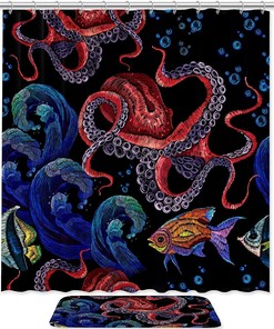 Red Octopus Embroidered Shower Curtain, Nautical Bathroom Accessory
