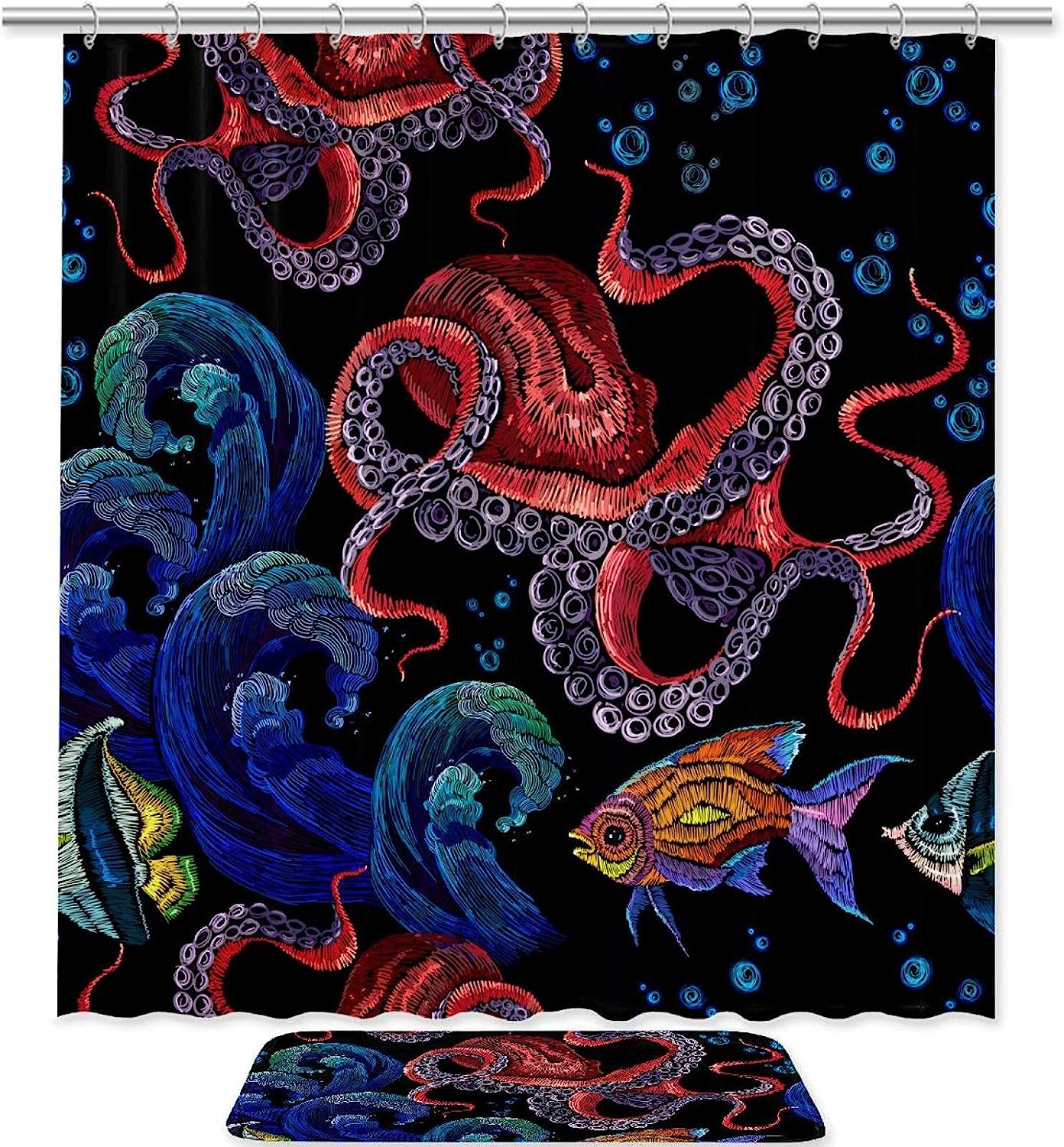 Red Octopus Embroidered Shower Curtain, Nautical Bathroom Accessory
