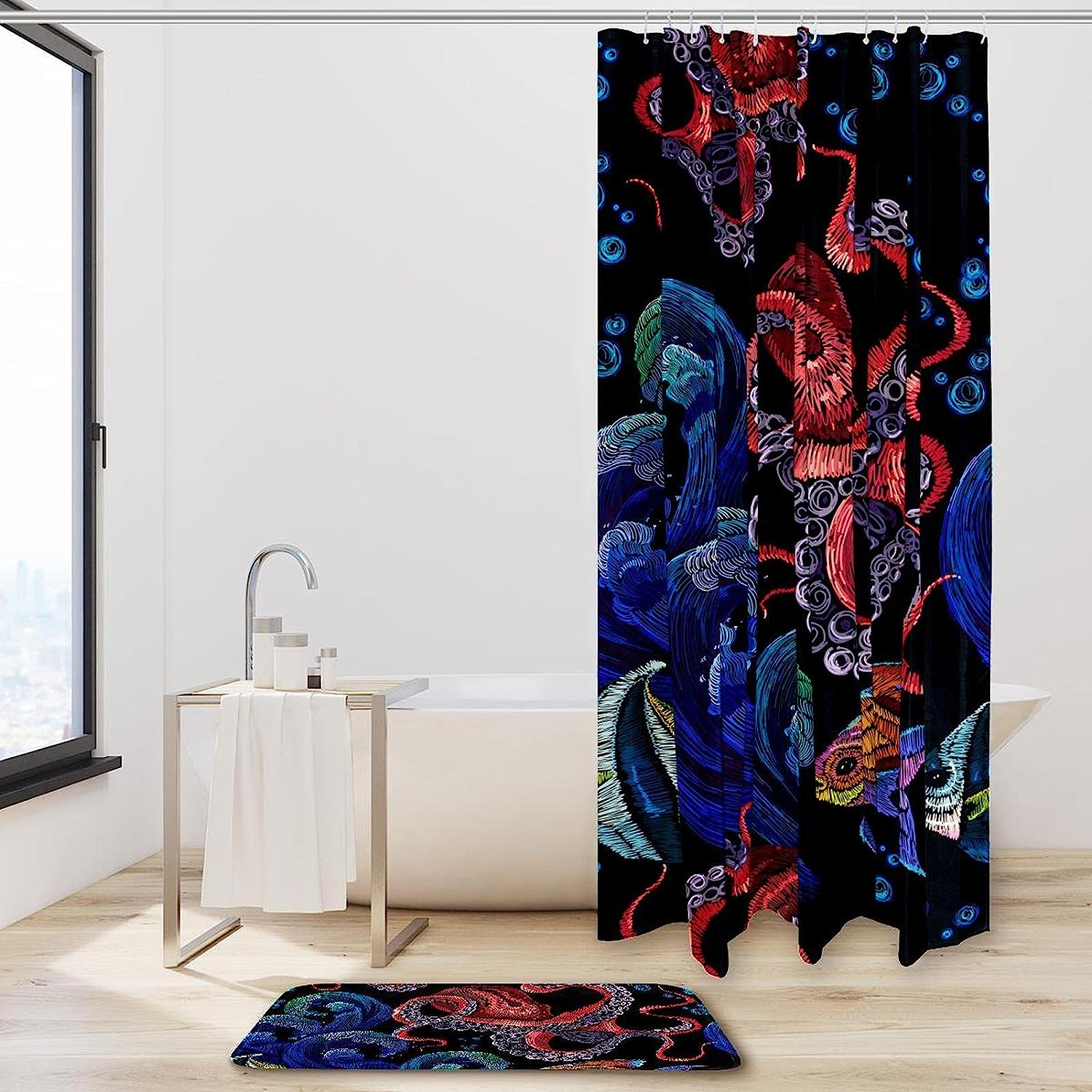 Red Octopus Embroidered Shower Curtain, Nautical Bathroom Accessory