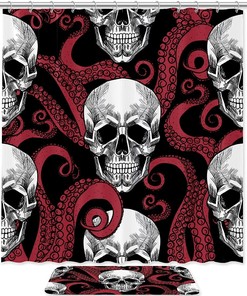 Red Octopus Skull Fabric Shower Curtain - Nautical Skull Bathroom Decor