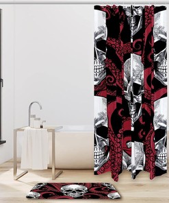 Red Octopus Skull Fabric Shower Curtain - Nautical Skull Bathroom Decor