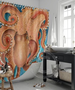 Red Pacific Octopus Tentacles Watercolor Print Fabric Shower Curtain