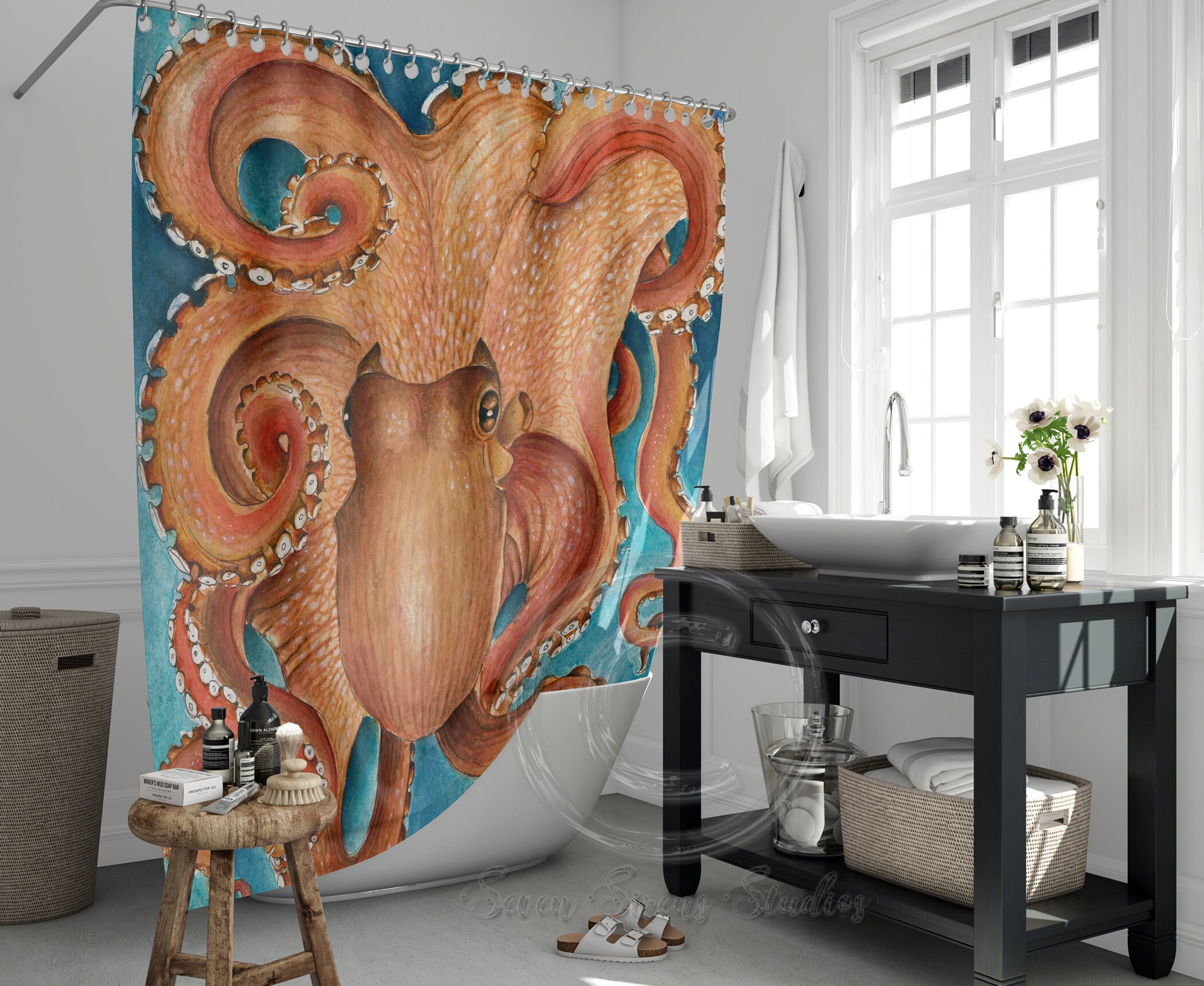 Red Pacific Octopus Tentacles Watercolor Print Fabric Shower Curtain
