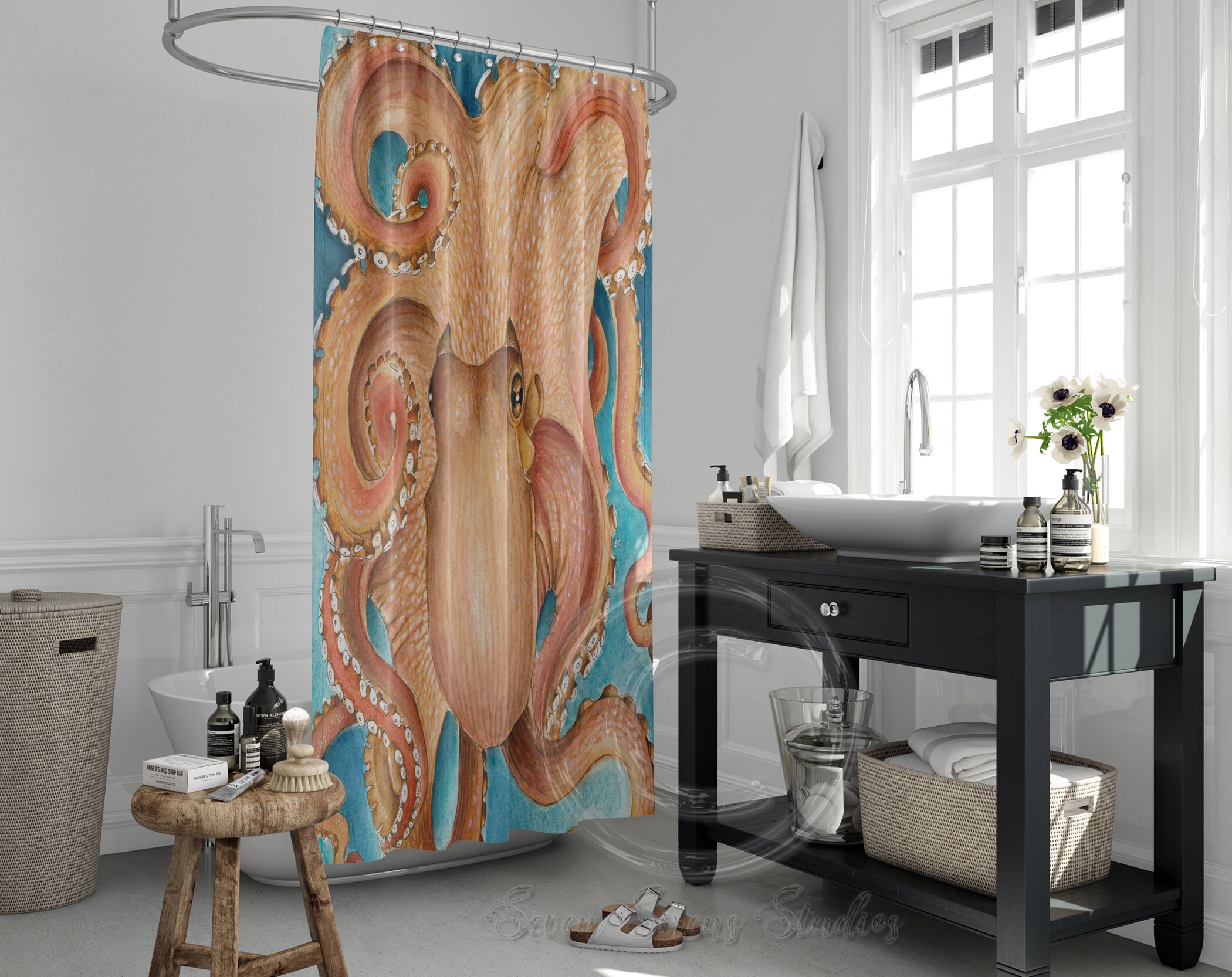 Red Pacific Octopus Tentacles Watercolor Print Fabric Shower Curtain