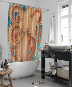 Red Pacific Octopus Tentacles Watercolor Print Fabric Shower Curtain