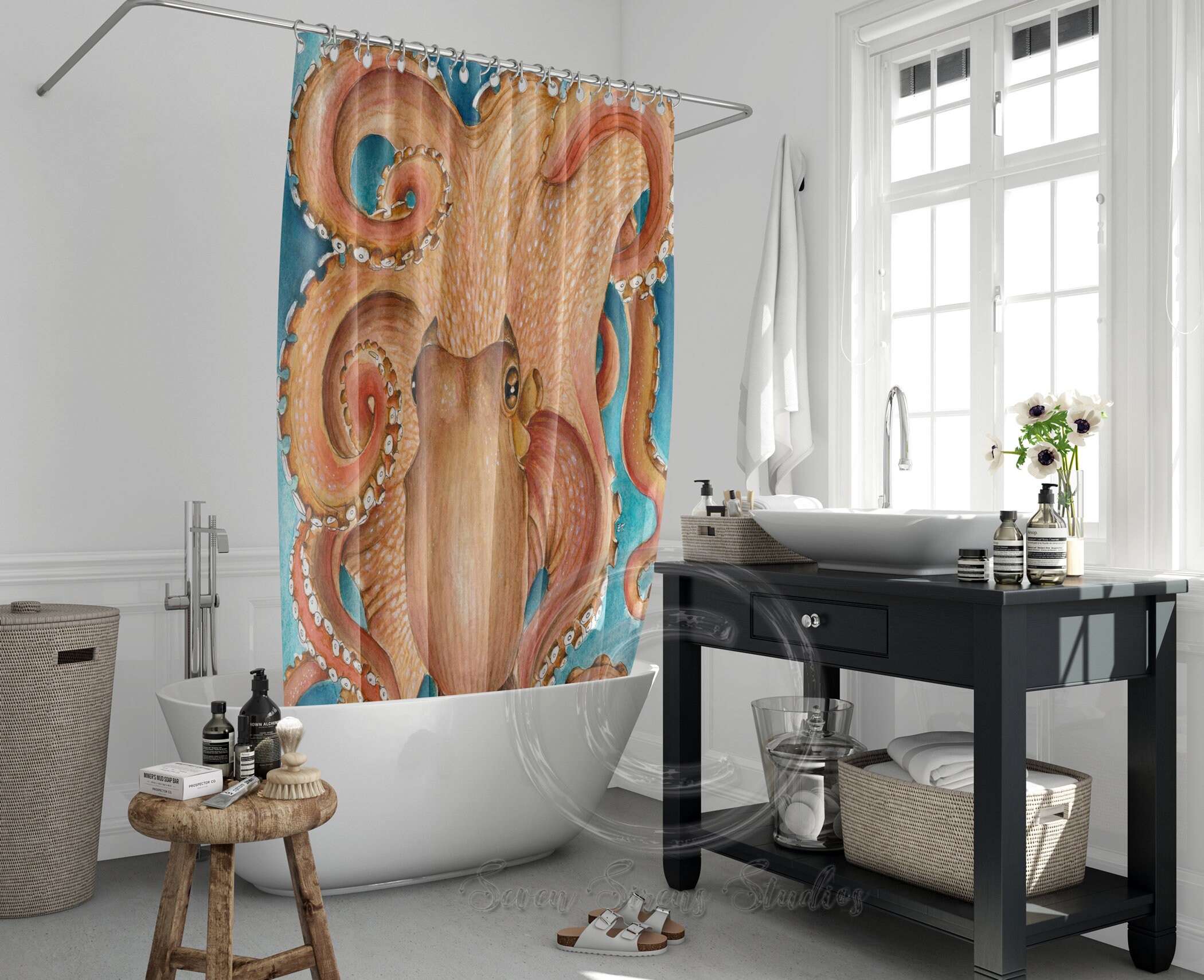 Red Pacific Octopus Tentacles Watercolor Print Fabric Shower Curtain