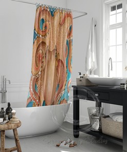 Red Pacific Octopus Tentacles Watercolor Print Fabric Shower Curtain