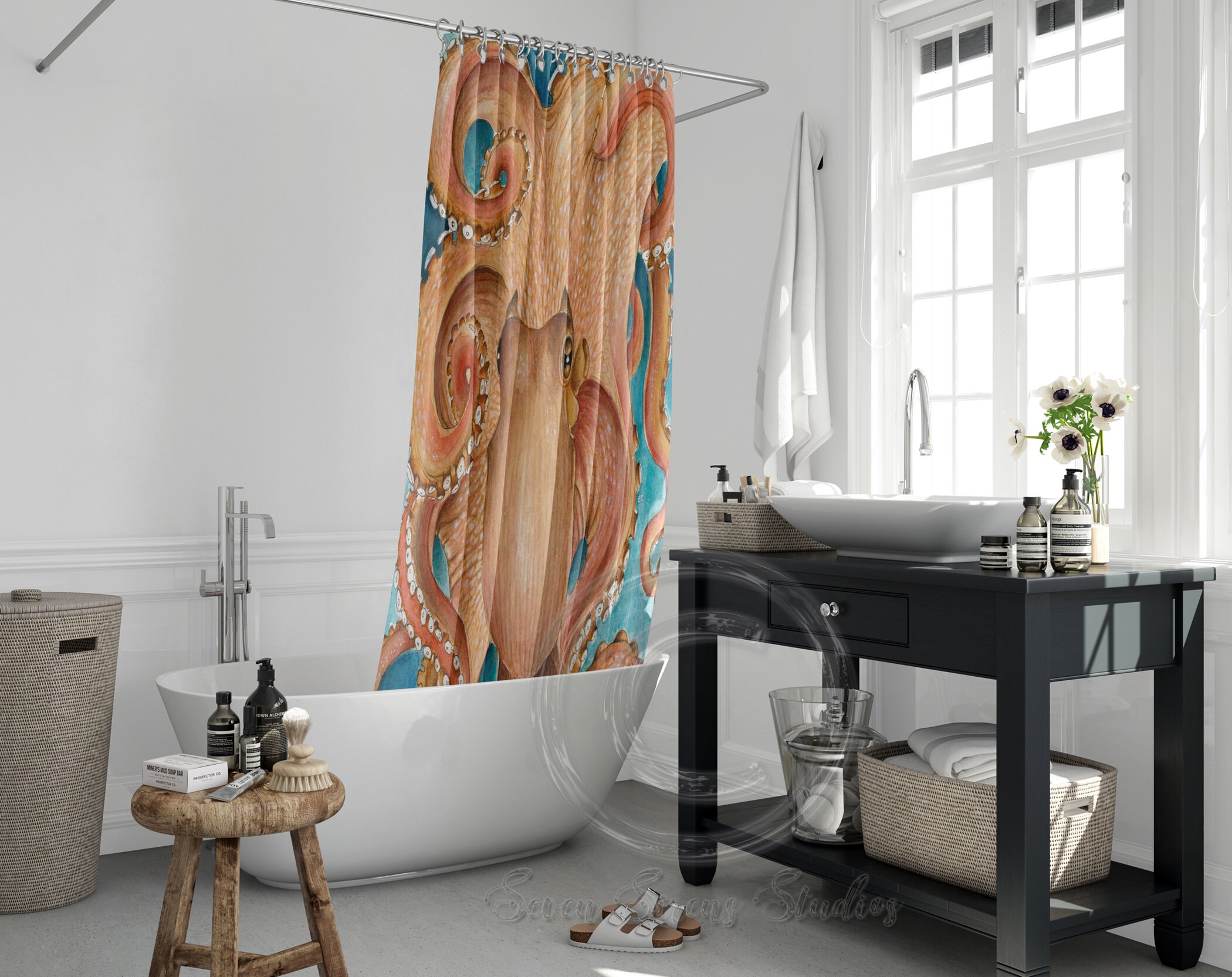 Red Pacific Octopus Tentacles Watercolor Print Fabric Shower Curtain