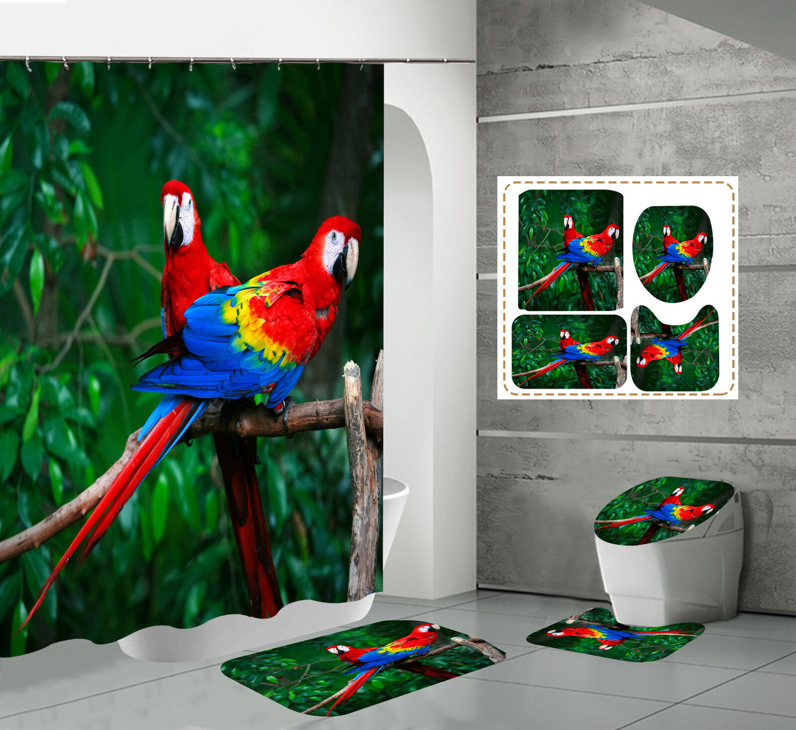 Red Parrots Shower Curtain for Exotic Bird Bathroom Decor