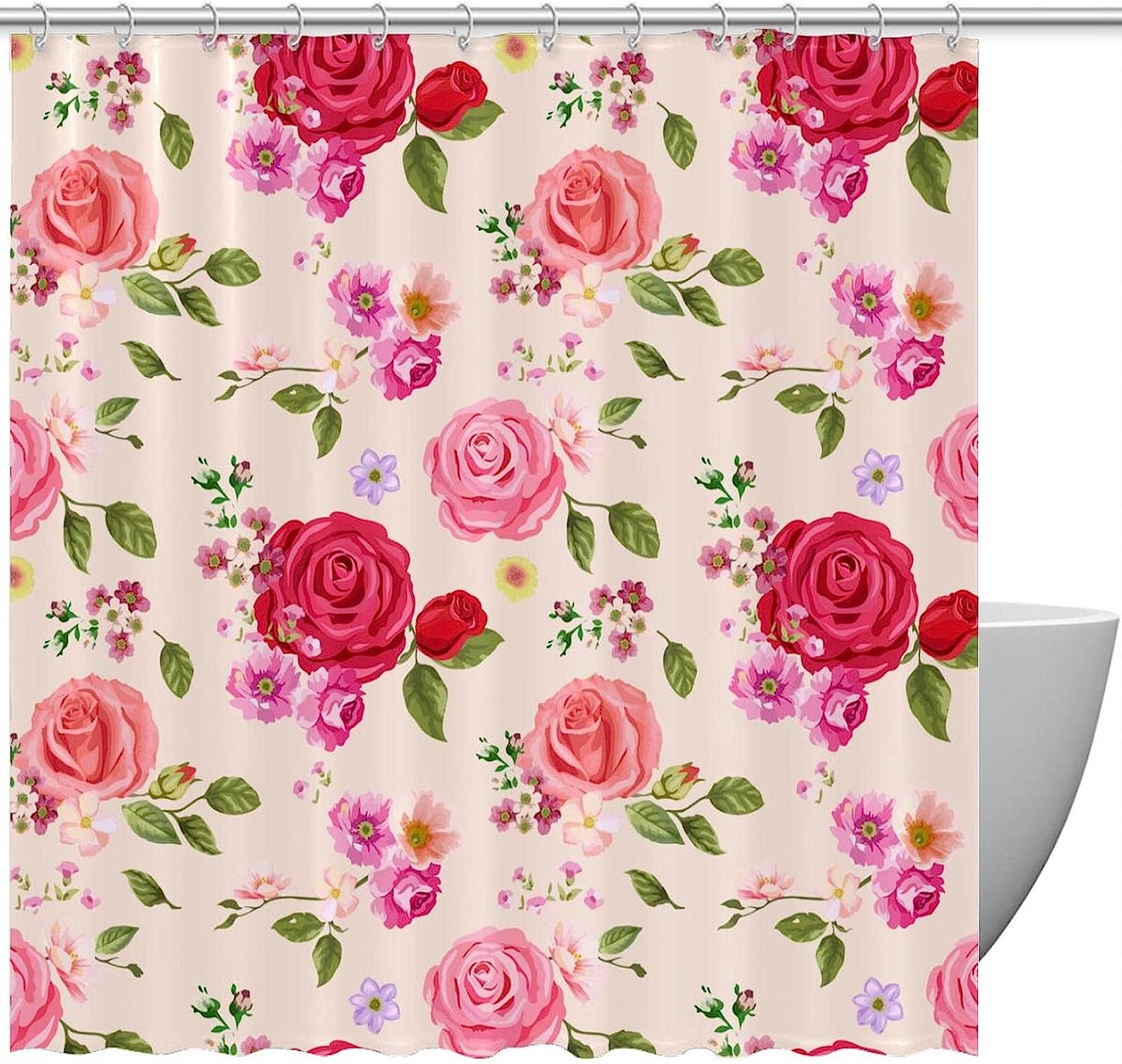Red Pink Rose Floral Fabric Shower Curtain for Bathroom Decor