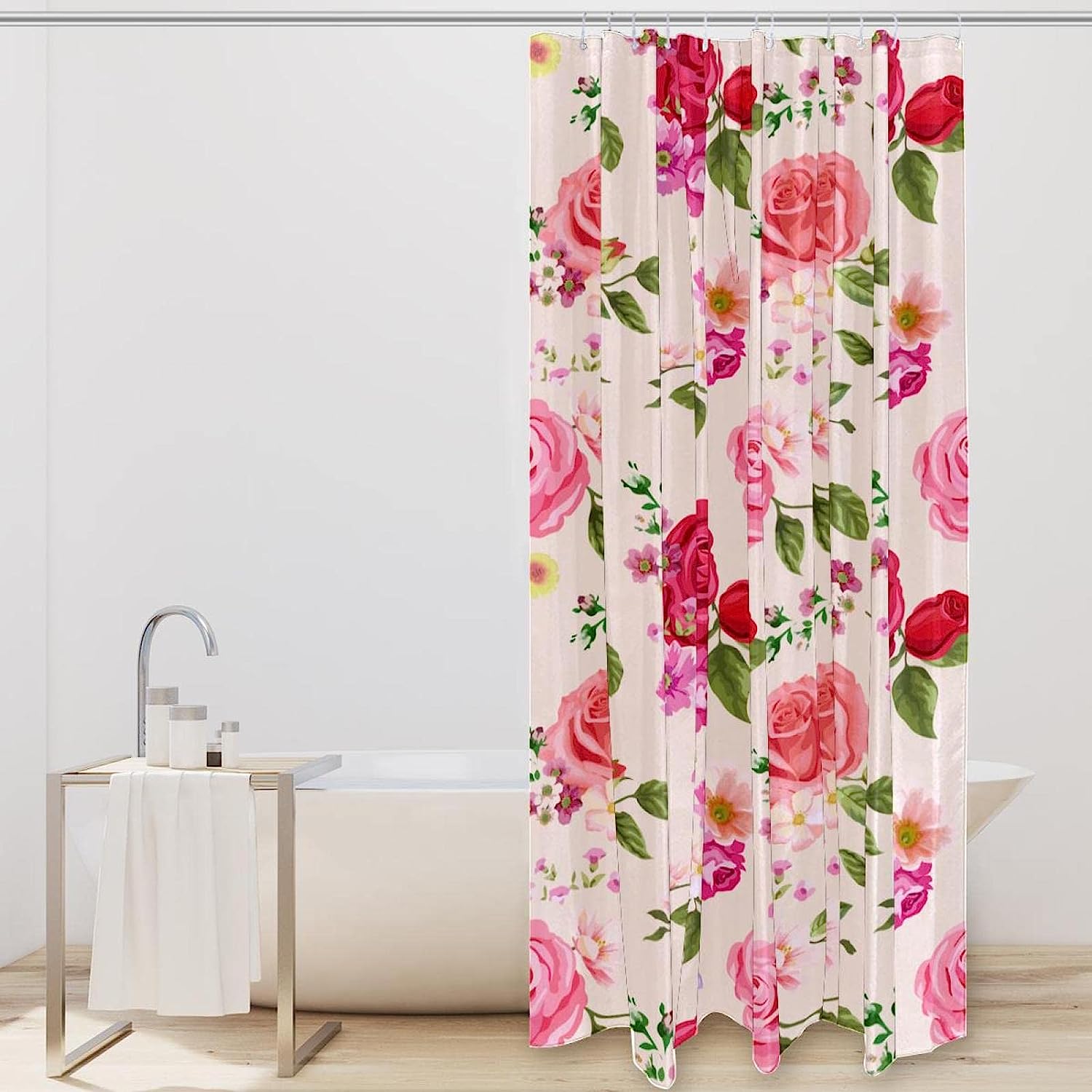 Red Pink Rose Floral Fabric Shower Curtain for Bathroom Decor