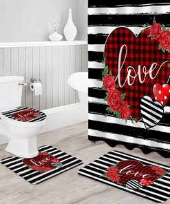 Red Plaid Love Heart Black and White Striped Roses Bathroom Shower Curtain