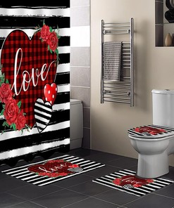 Red Plaid Love Heart Black and White Striped Roses Bathroom Shower Curtain