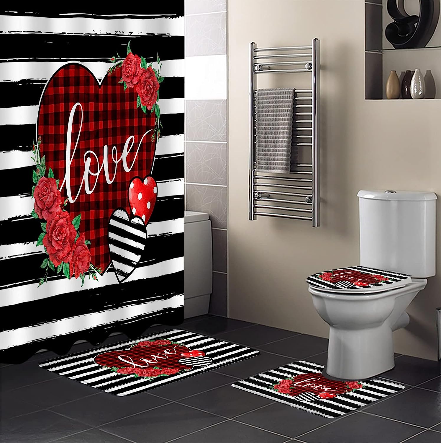 Red Plaid Love Heart Black and White Striped Roses Bathroom Shower Curtain