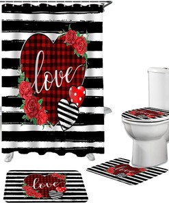 Red Plaid Love Heart Black and White Striped Roses Bathroom Shower Curtain