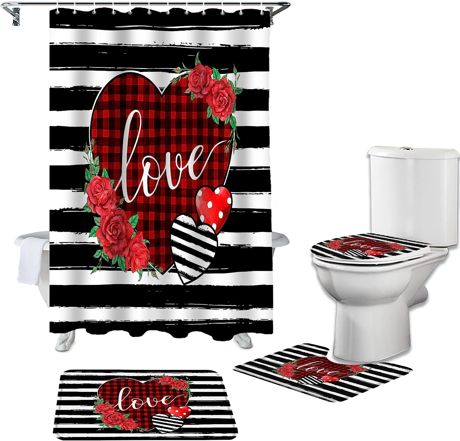 Red Plaid Love Heart Black and White Striped Roses Bathroom Shower Curtain