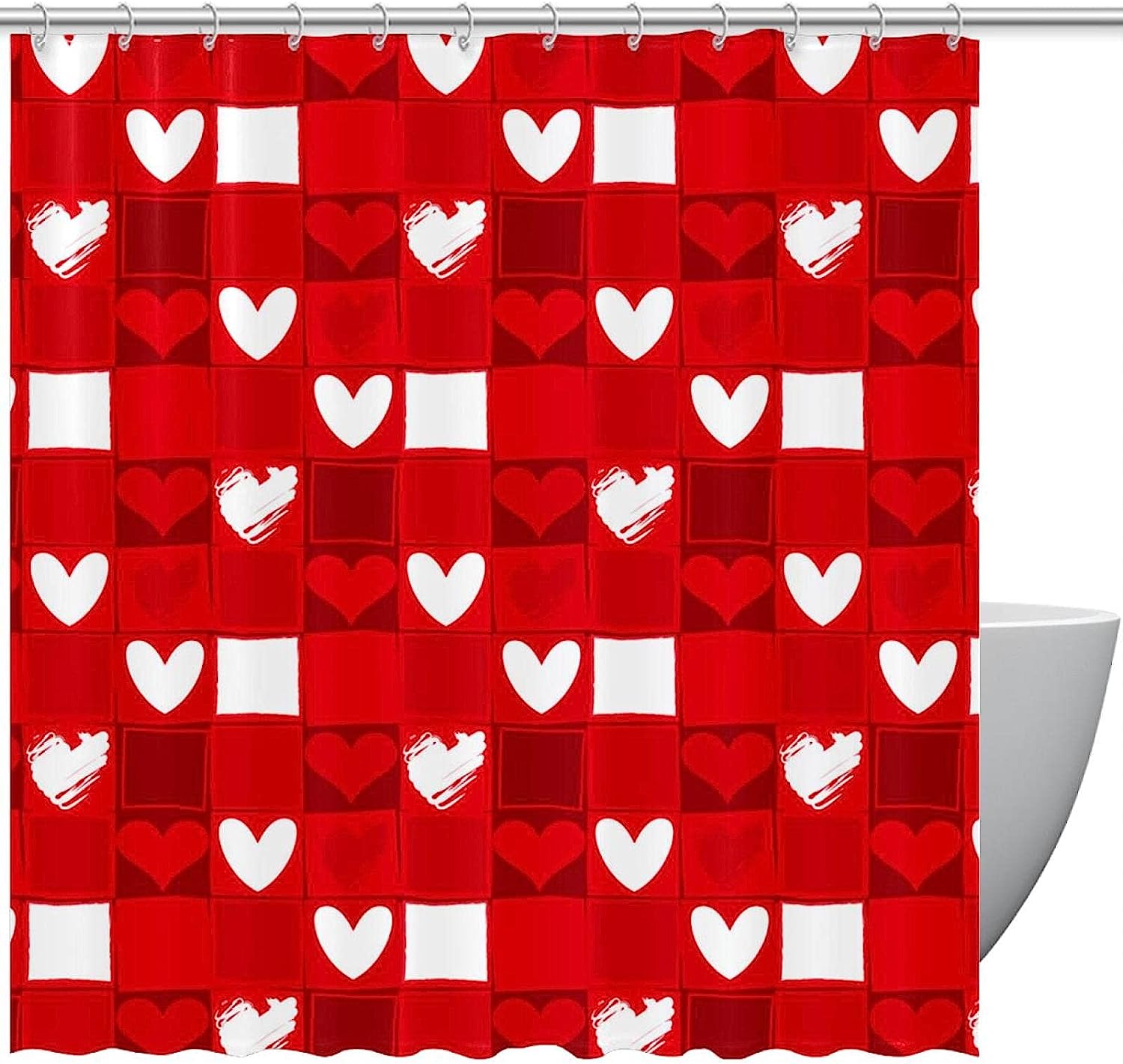 Red Plaid Loving Heart Shower Curtain for Romantic Bathroom Decor