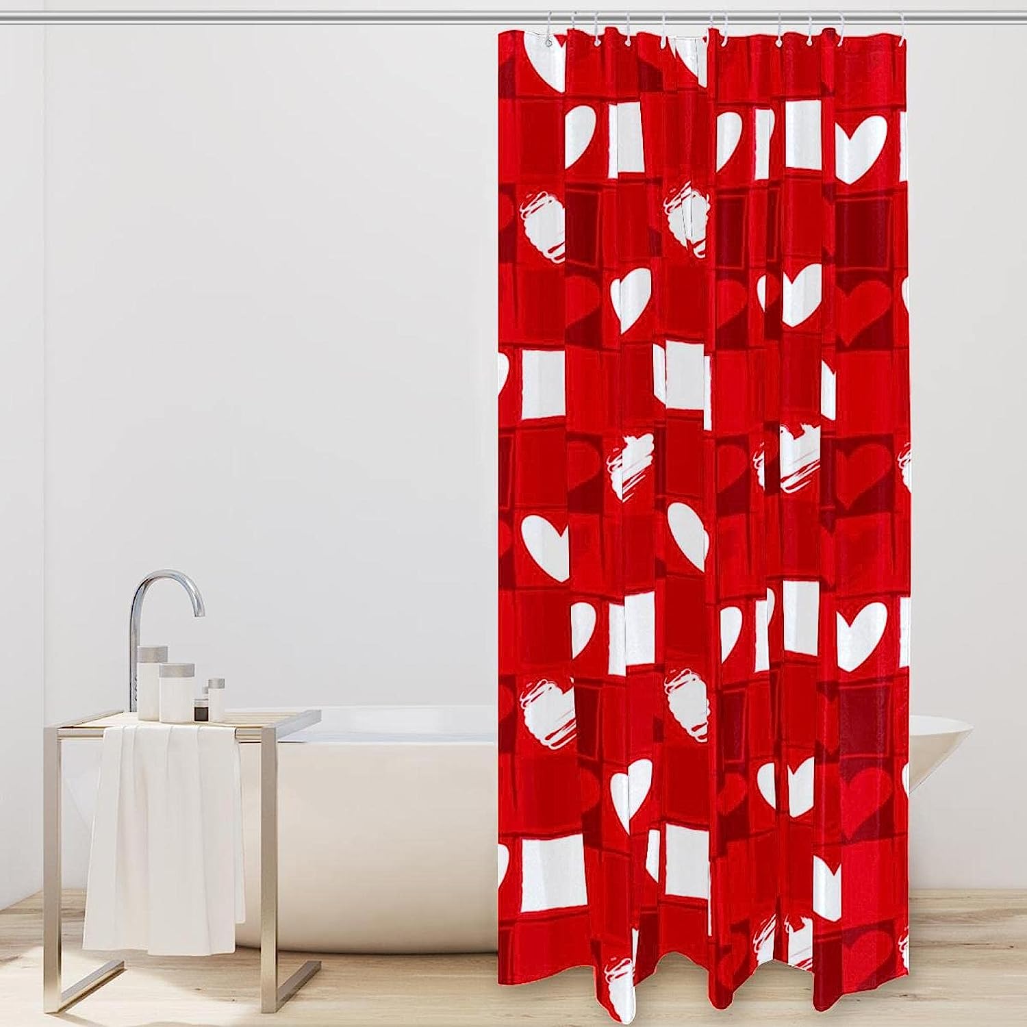 Red Plaid Loving Heart Shower Curtain for Romantic Bathroom Decor