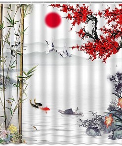 Red Plum Blossom Asian Shower Curtain with Traditional Chinese Art