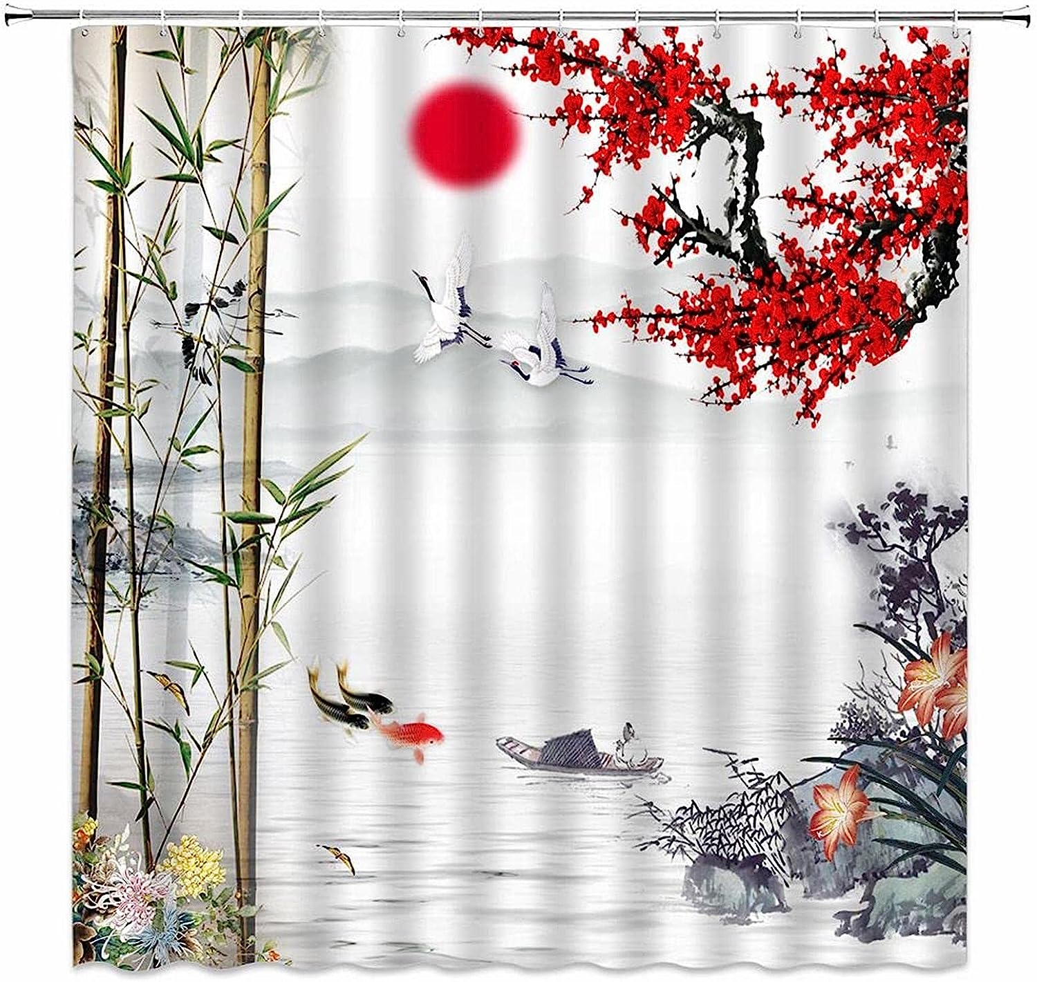 Red Plum Blossom Asian Shower Curtain with Traditional Chinese Art