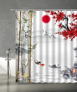 Red Plum Blossom Asian Shower Curtain with Traditional Chinese Art