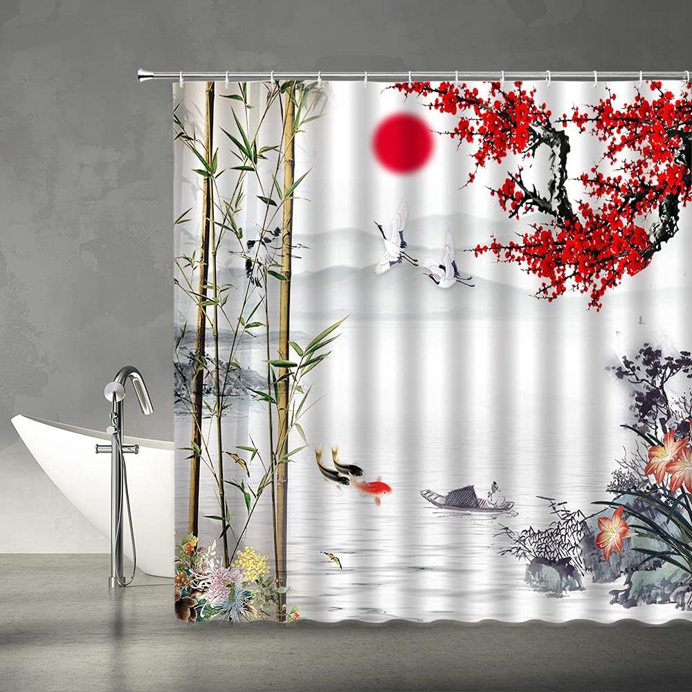 Red Plum Blossom Asian Shower Curtain with Traditional Chinese Art