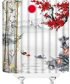Red Plum Blossom Asian Shower Curtain with Traditional Chinese Art