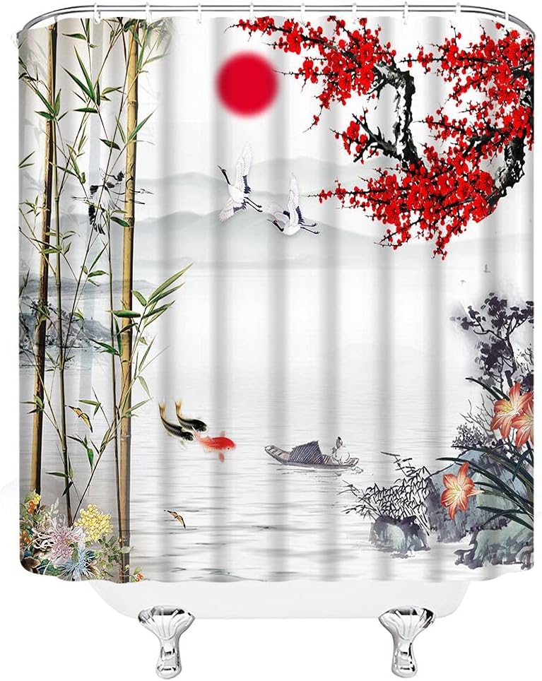 Red Plum Blossom Asian Shower Curtain with Traditional Chinese Art
